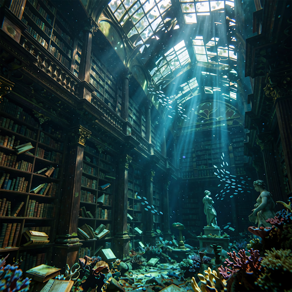 Sunken fantasy library generated with Krealize